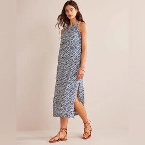 Boden Racer Neck Jersey Midi Dress Blue Heron Flora Tile Size 6L Cotton Slits